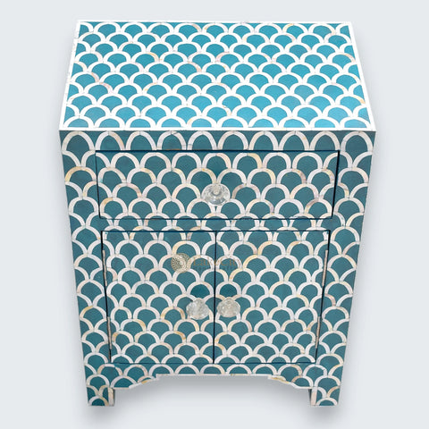 Mother Of Pearl Inlay 1 Drawer 2 Door Fish-scale Design Bedside Teal Green