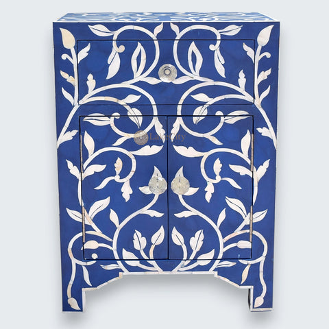 Mother Of Pearl Inlay 1 Drawer 2 Door Lily Design Bedside Dark Blue