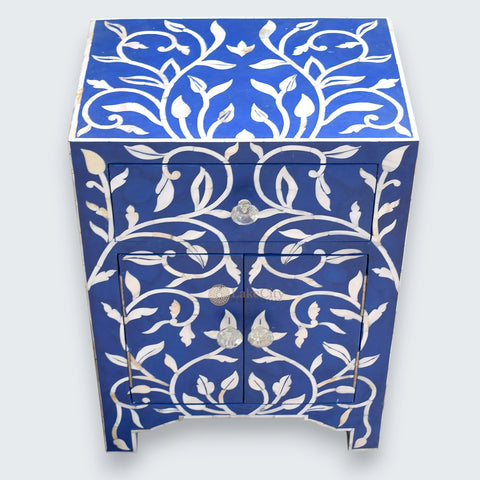 Mother Of Pearl Inlay 1 Drawer 2 Door Lily Design Bedside Dark Blue