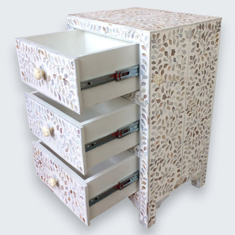 Mother Of Pearl Inlay 3 Drawer Bedside White