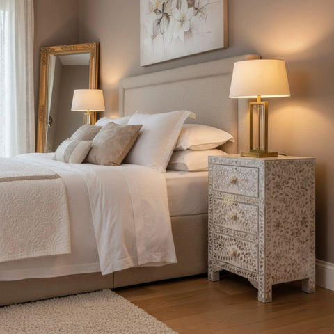 Mother Of Pearl Inlay 3 Drawer Bedside White