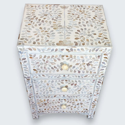 Mother Of Pearl Inlay 3 Drawer Bedside White
