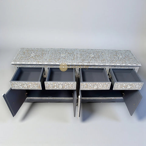Mother Of Pearl Inlay Arabic Design 4 Drawers & 4 Doors Buffet Table Light Grey