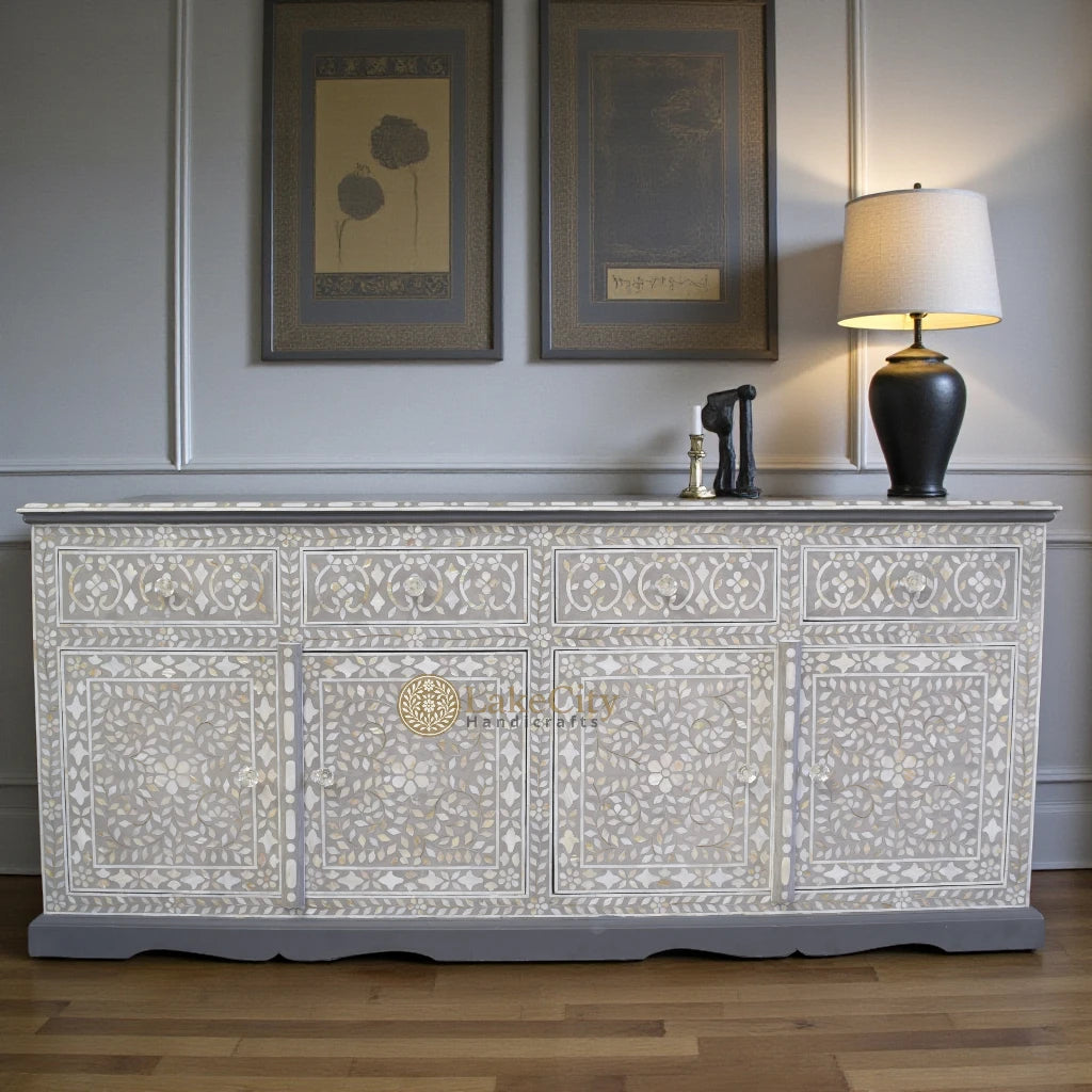 Mother Of Pearl Inlay Arabic Design 4 Drawers & 4 Doors Buffet Table Light Grey