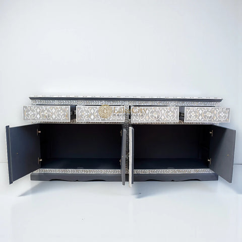 Mother Of Pearl Inlay Arabic Design 4 Drawers & 4 Doors Buffet Table Light Grey