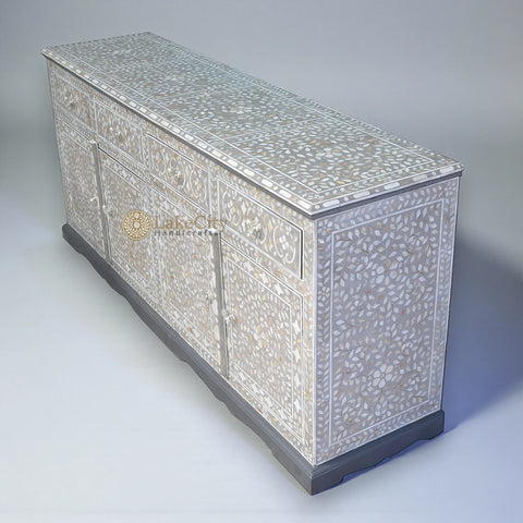 Mother Of Pearl Inlay Arabic Design 4 Drawers & 4 Doors Buffet Table Light Grey