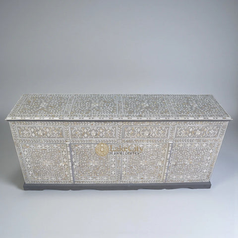 Mother Of Pearl Inlay Arabic Design 4 Drawers & 4 Doors Buffet Table Light Grey