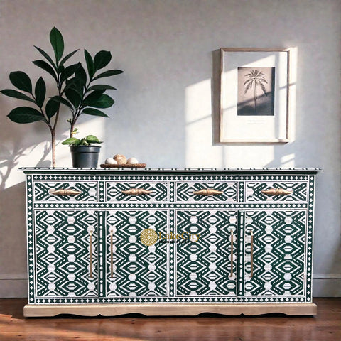 Mother Of Pearl Inlay Arabic Floral Design 4 Drawers & 4 Door Buffet Table Green