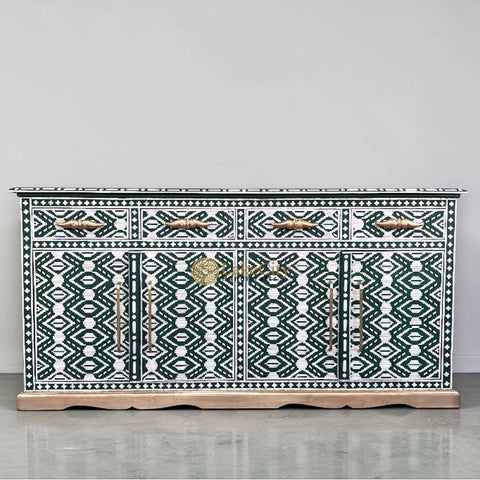 Mother Of Pearl Inlay Arabic Floral Design 4 Drawers & 4 Door Buffet Table Green