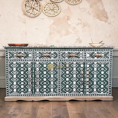 Mother Of Pearl Inlay Arabic Floral Design 4 Drawers & 4 Door Buffet Table Green
