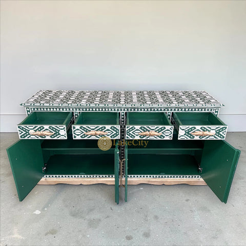 Mother Of Pearl Inlay Arabic Floral Design 4 Drawers & 4 Door Buffet Table Green