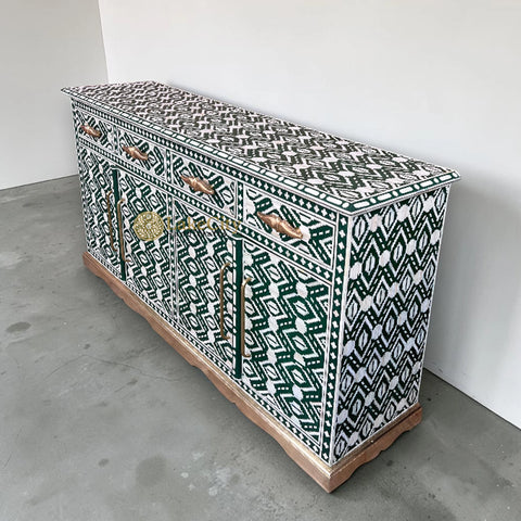 Mother Of Pearl Inlay Arabic Floral Design 4 Drawers & 4 Door Buffet Table Green