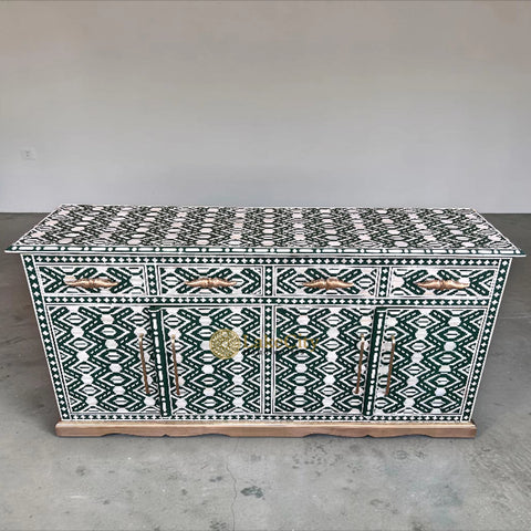Mother Of Pearl Inlay Arabic Floral Design 4 Drawers & 4 Door Buffet Table Green