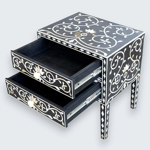 Mother Of Pearl Inlay Bedside 2 Drawer Lotus Design Black