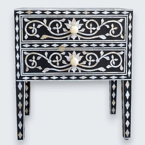 Mother Of Pearl Inlay Bedside 2 Drawer Lotus Design Black