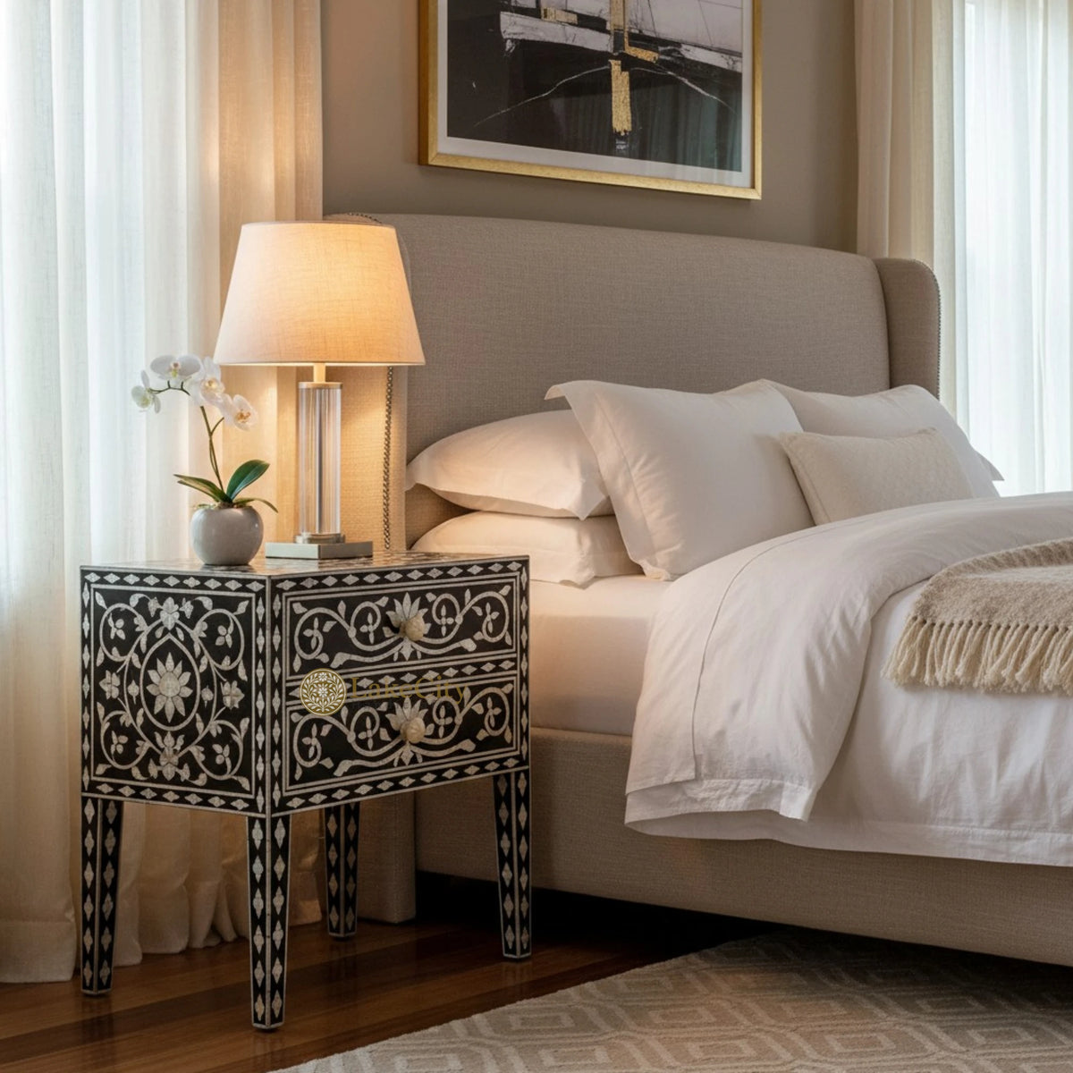 Mother Of Pearl Inlay Bedside 2 Drawer Lotus Design Black