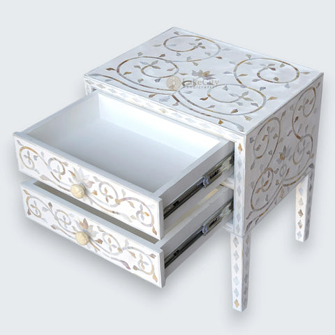 Mother Of Pearl Inlay Bedside 2 Drawer Lotus Design White