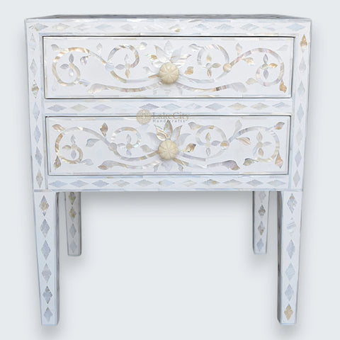 Mother Of Pearl Inlay Bedside 2 Drawer Lotus Design White
