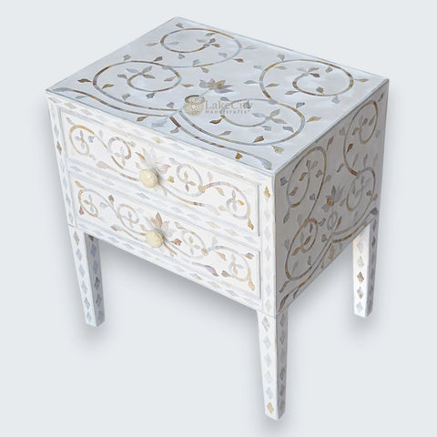 Mother Of Pearl Inlay Bedside 2 Drawer Lotus Design White