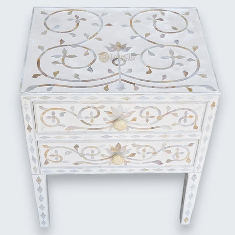 Mother Of Pearl Inlay Bedside 2 Drawer Lotus Design White