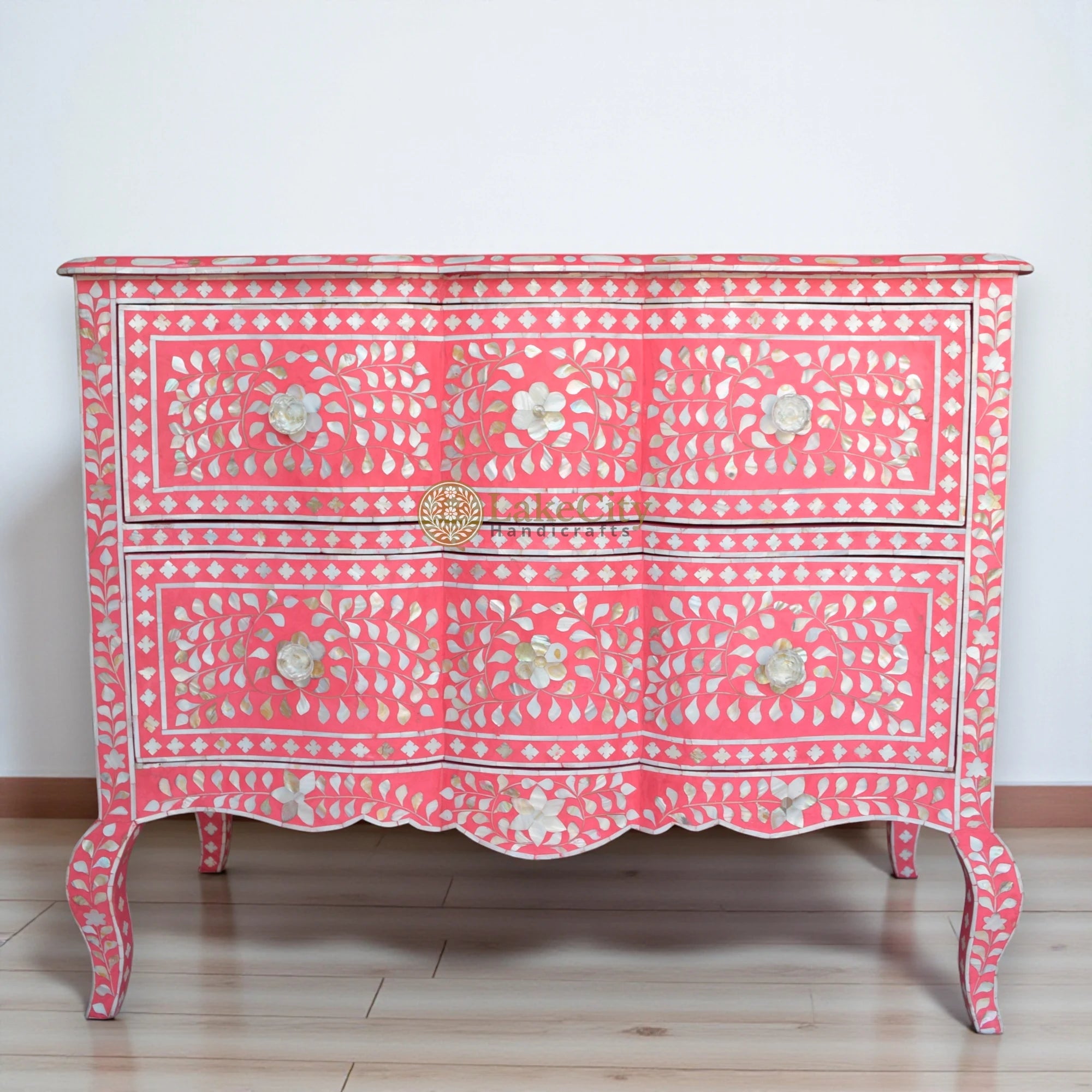 Mother Of Pearl Inlay Chest 2 Curved Drawer Floral Design Pink
