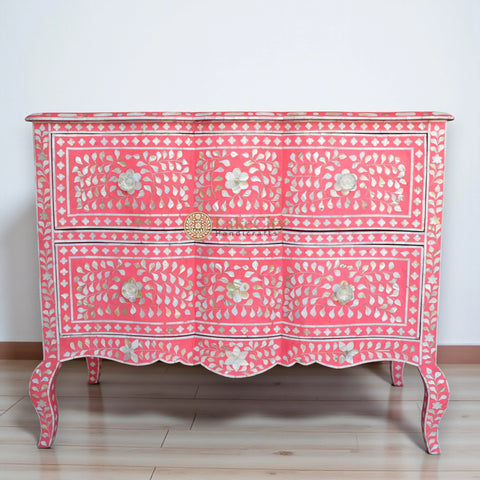 Mother Of Pearl Inlay Chest 2 Curved Drawer Floral Design Pink