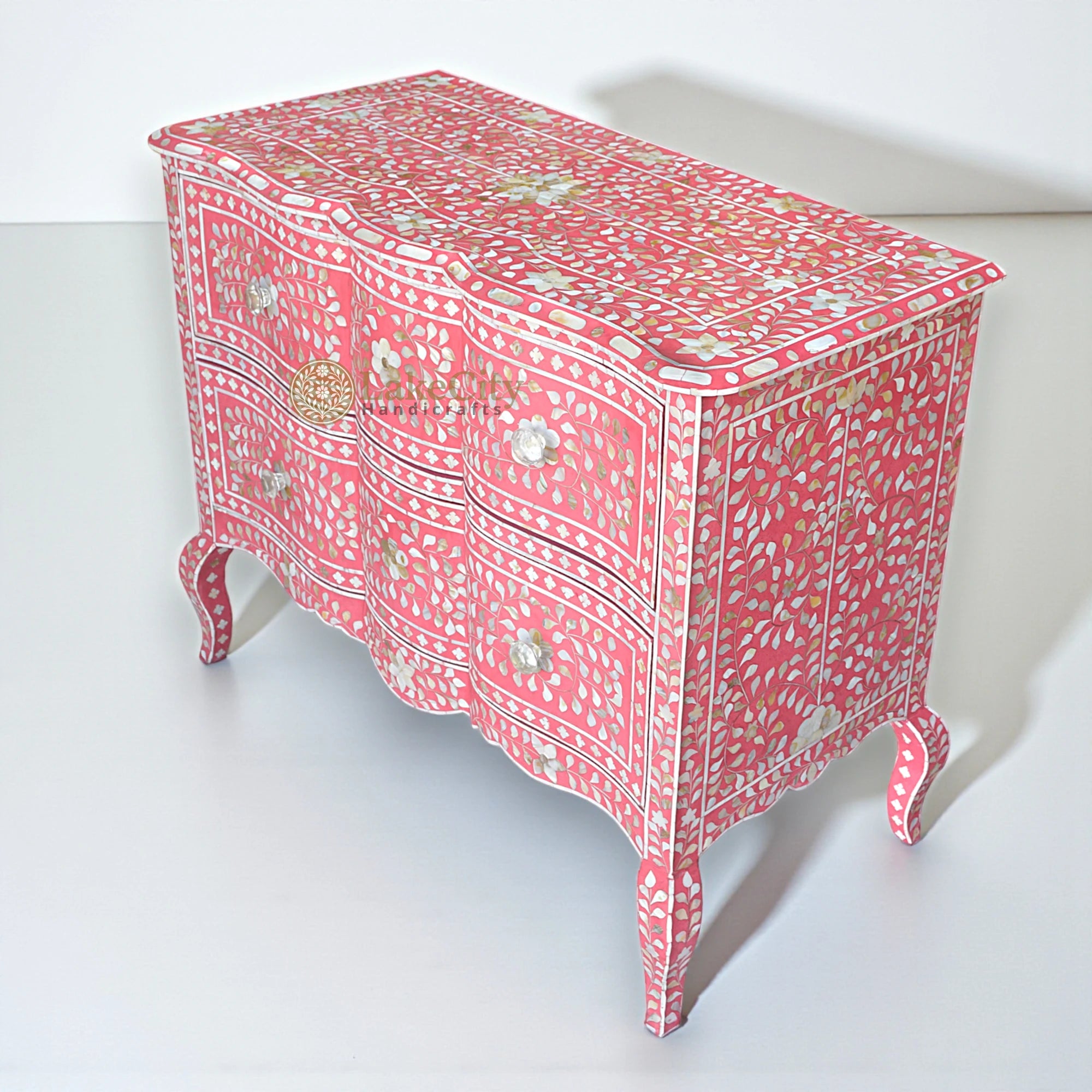 Mother Of Pearl Inlay Chest 2 Curved Drawer Floral Design Pink