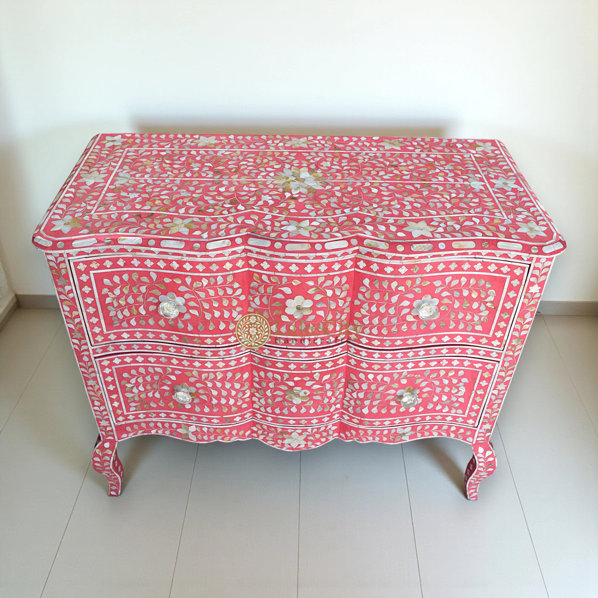 Mother Of Pearl Inlay Chest 2 Curved Drawer Floral Design Pink