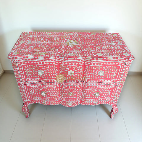 Mother Of Pearl Inlay Chest 2 Curved Drawer Floral Design Pink