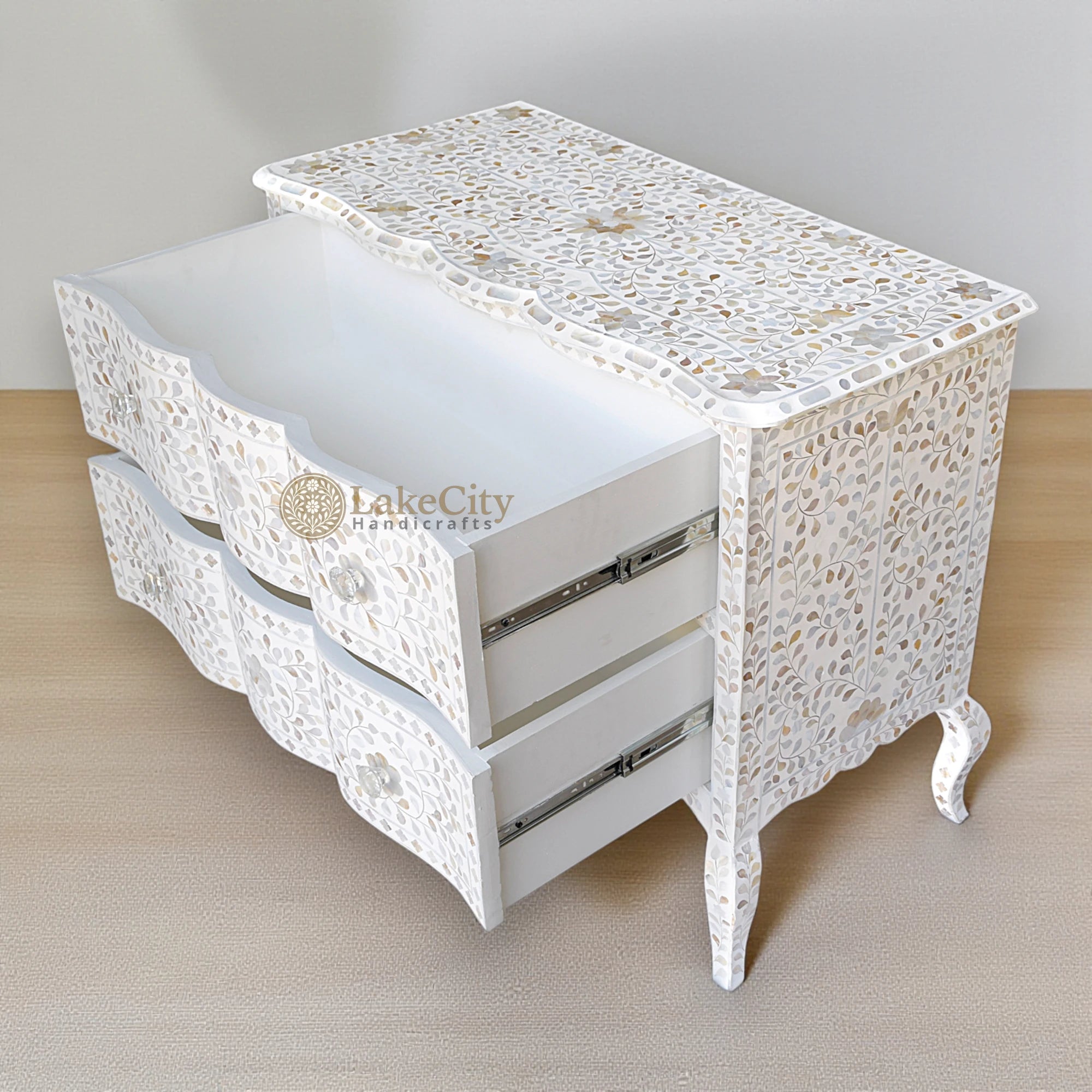 Mother Of Pearl Inlay Chest 2 Curved Drawer Floral Design White
