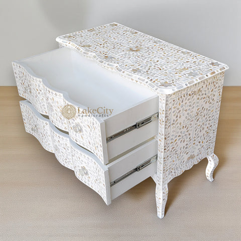 Mother Of Pearl Inlay Chest 2 Curved Drawer Floral Design White