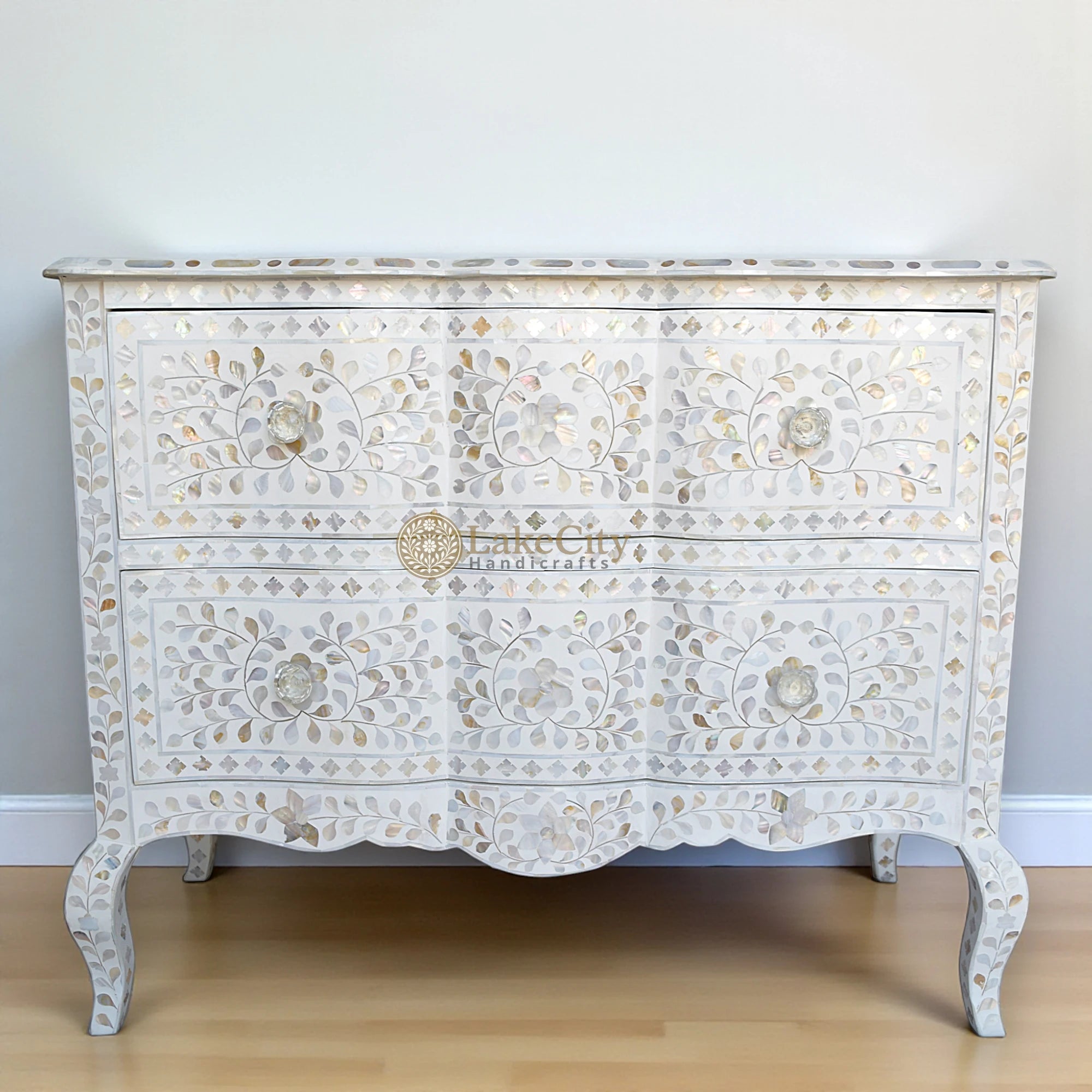 Mother Of Pearl Inlay Chest 2 Curved Drawer Floral Design White