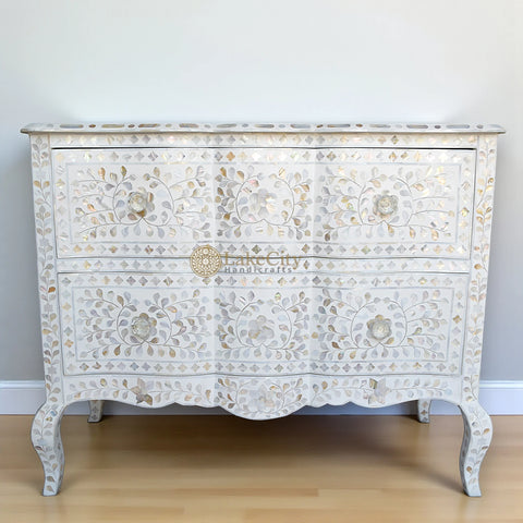 Mother Of Pearl Inlay Chest 2 Curved Drawer Floral Design White