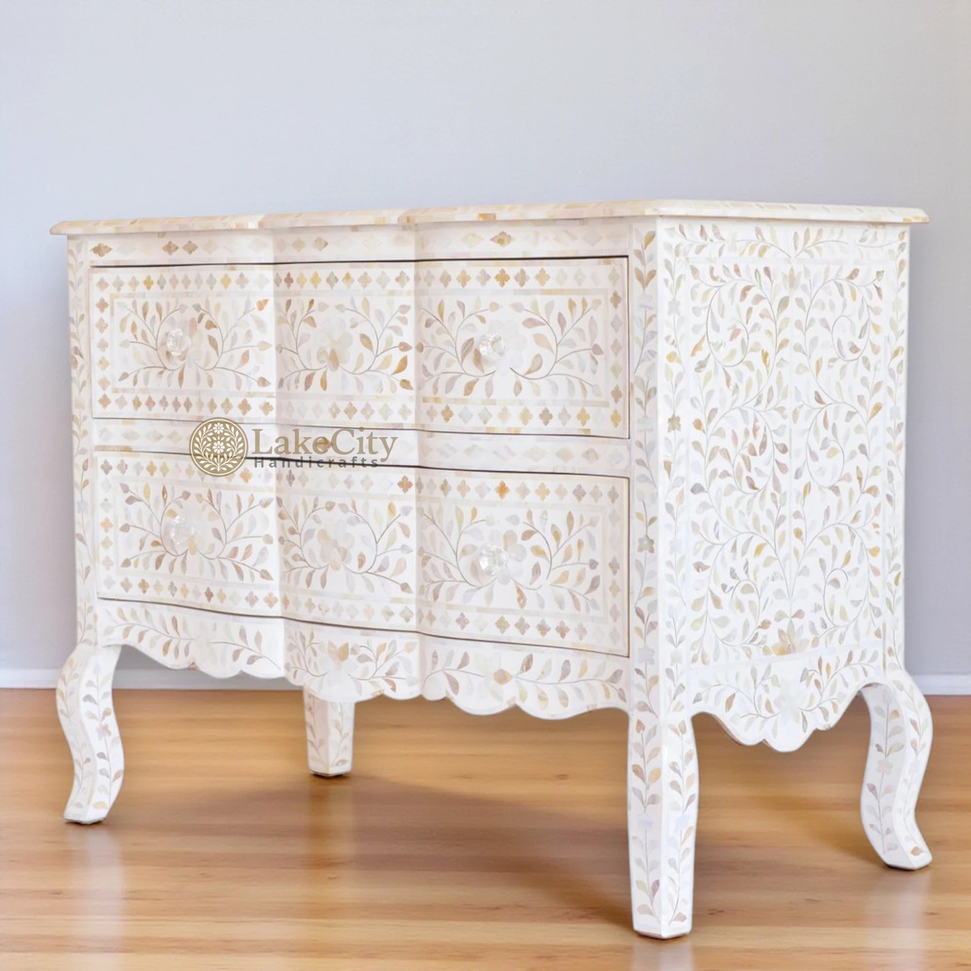Mother Of Pearl Inlay Chest 2 Curved Drawer Floral Design White