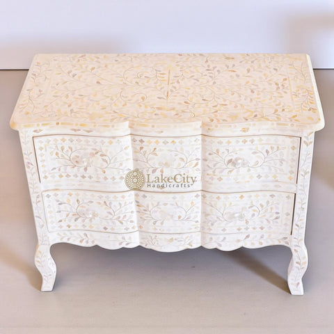 Mother Of Pearl Inlay Chest 2 Curved Drawer Floral Design White