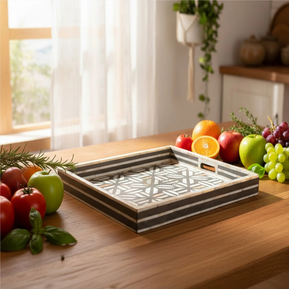 Mother Of Pearl Inlay Cross Design Tray Grey