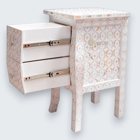 Mother Of Pearl Inlay Curved 2 Drawers Bedside Quote Design White