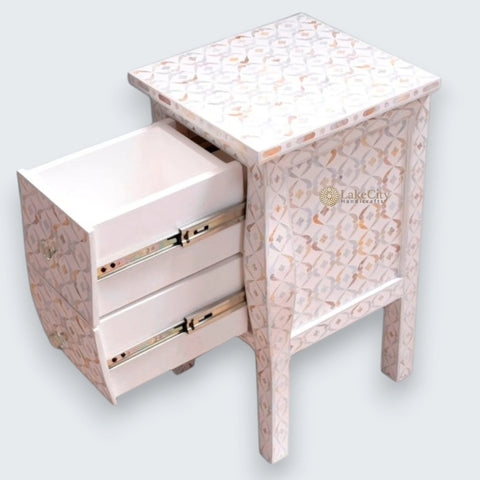 Mother Of Pearl Inlay Curved 2 Drawers Bedside Quote Design White