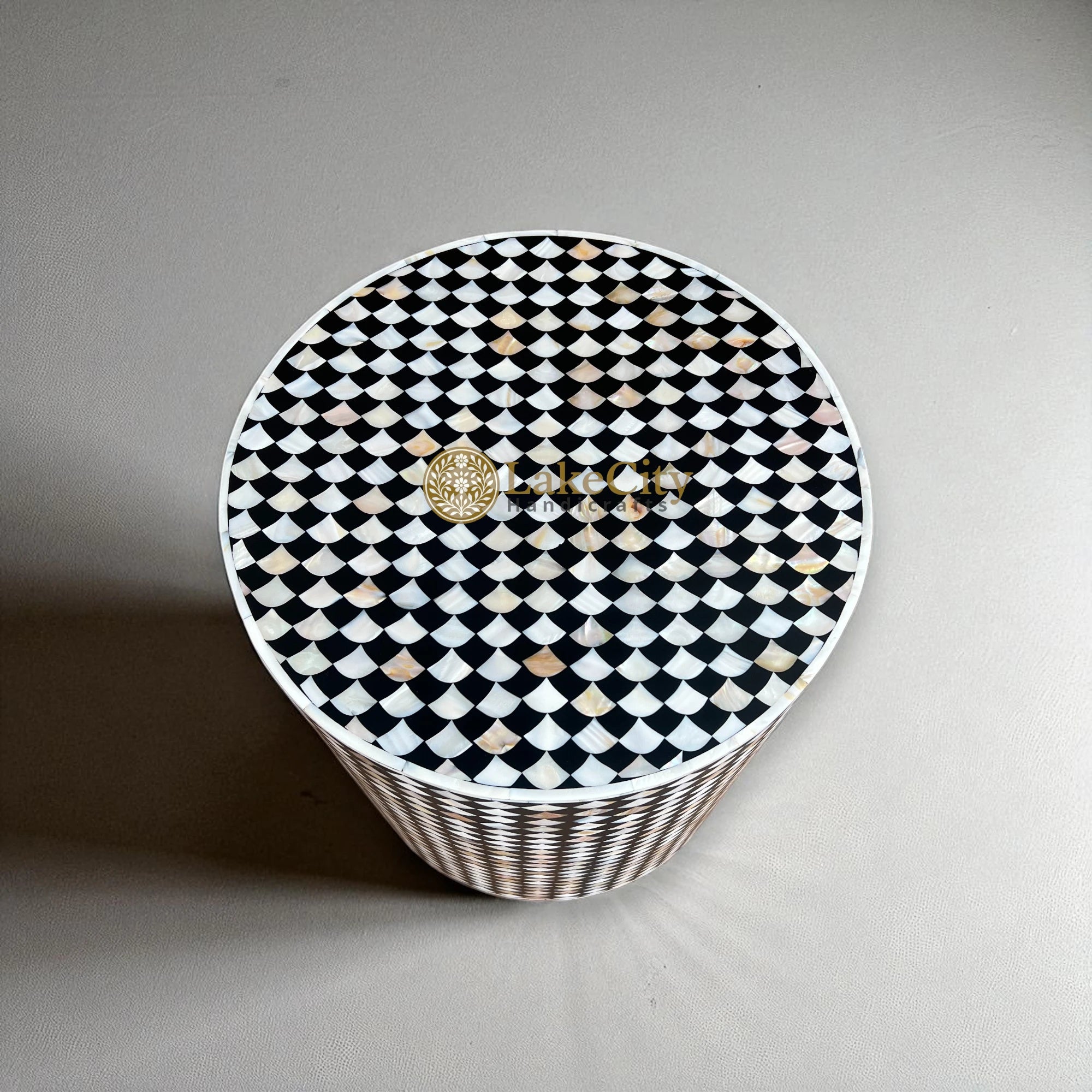 Mother Of Pearl Inlay Drop Design Round Stool Table Black