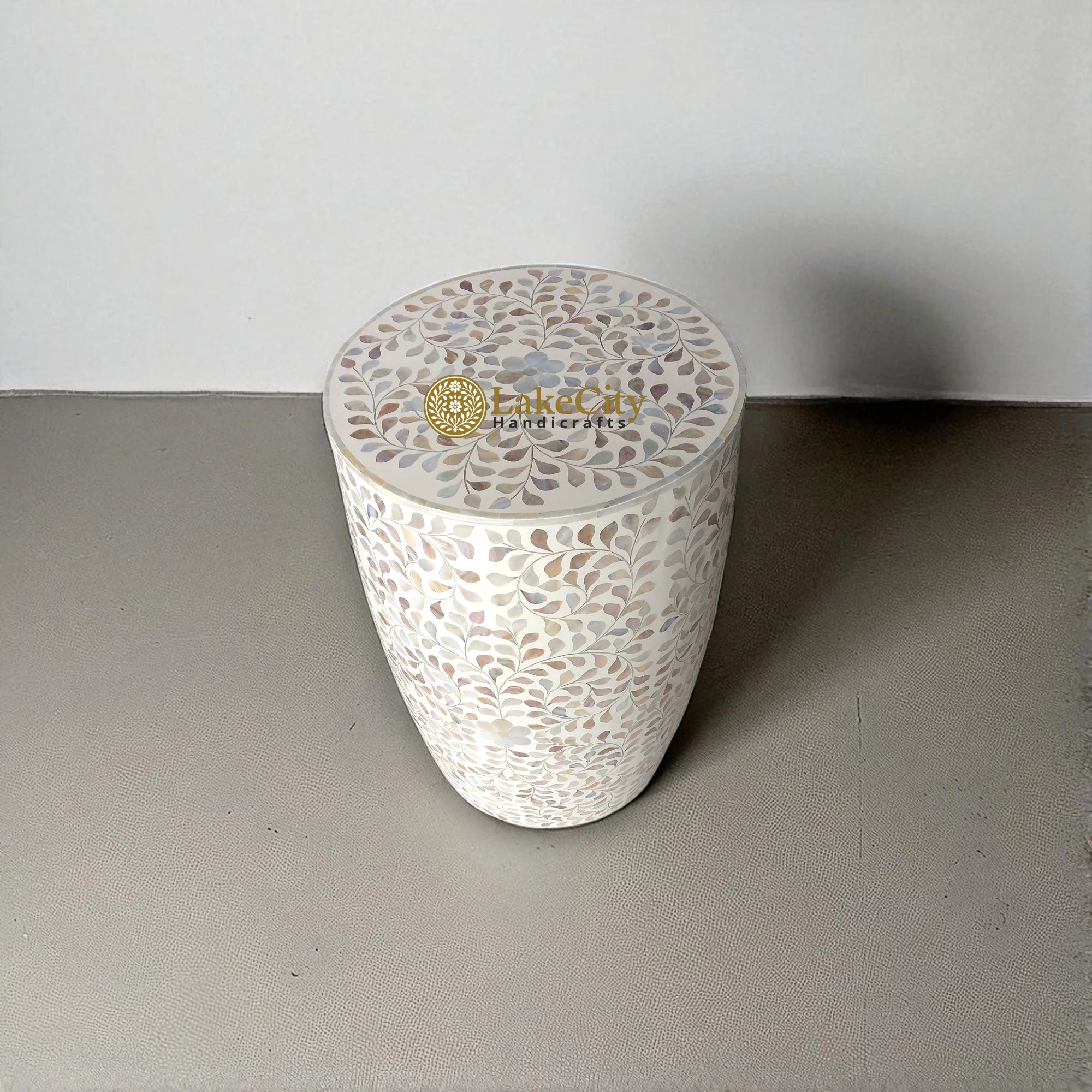 Mother Of Pearl Inlay Drum-Shape Floral Design Side Table White
