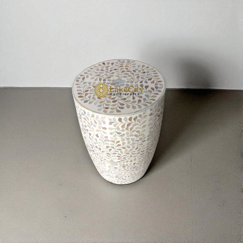 Mother Of Pearl Inlay Drum-Shape Floral Design Side Table White