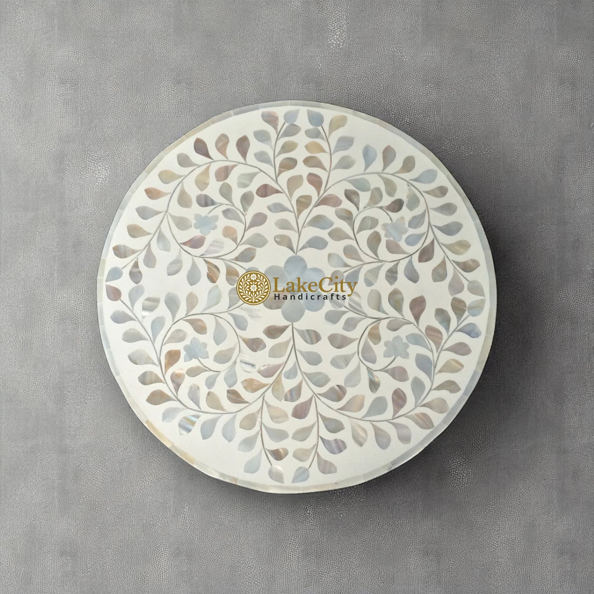 Mother Of Pearl Inlay Drum-Shape Floral Design Side Table White