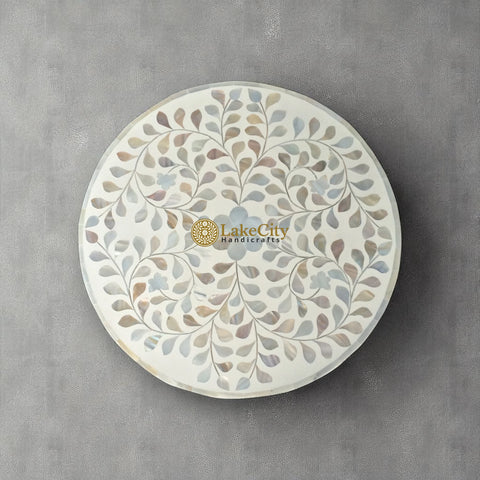 Mother Of Pearl Inlay Drum-Shape Floral Design Side Table White
