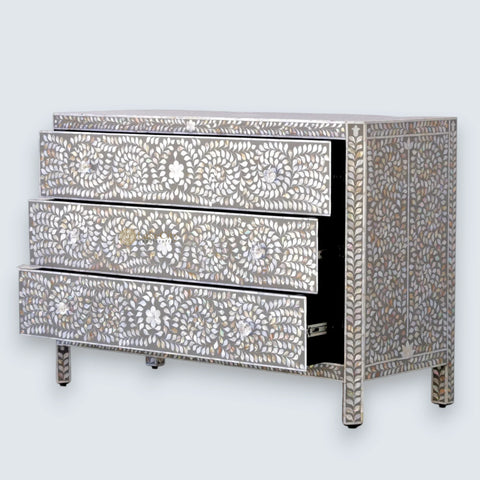 Mother Of Pearl Inlay Edge Floral Design 3 Drawers Dresser Table Dark Grey