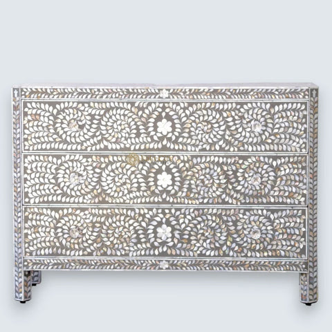 Mother Of Pearl Inlay Edge Floral Design 3 Drawers Dresser Table Dark Grey