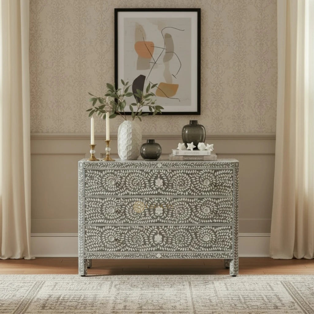 Mother Of Pearl Inlay Edge Floral Design 3 Drawers Dresser Table Dark Grey