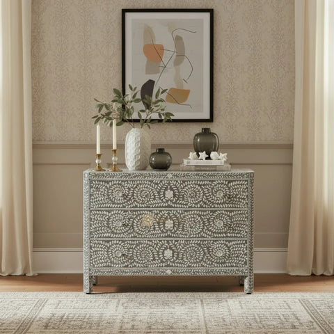 Mother Of Pearl Inlay Edge Floral Design 3 Drawers Dresser Table Dark Grey