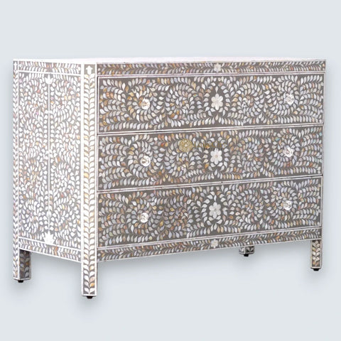 Mother Of Pearl Inlay Edge Floral Design 3 Drawers Dresser Table Dark Grey
