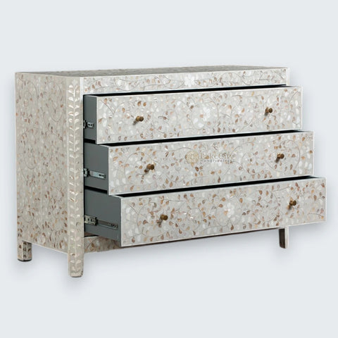 Mother Of Pearl Inlay Edge Floral Design 3 Drawers Dresser Table Grey