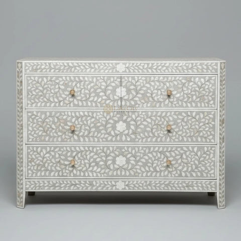 Mother Of Pearl Inlay Edge Floral Design 3 Drawers Dresser Table Grey